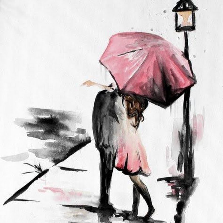 Фигура человека под зонтом акварелью