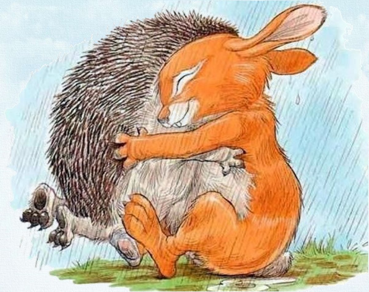 Заяц обнимает ежика