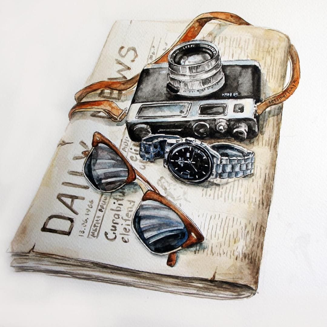 Скетч фотоаппарат акварель