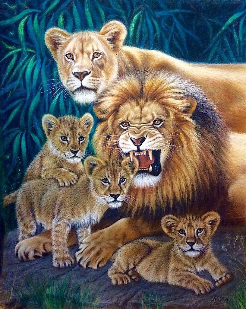 Лев львица и 4 львенка