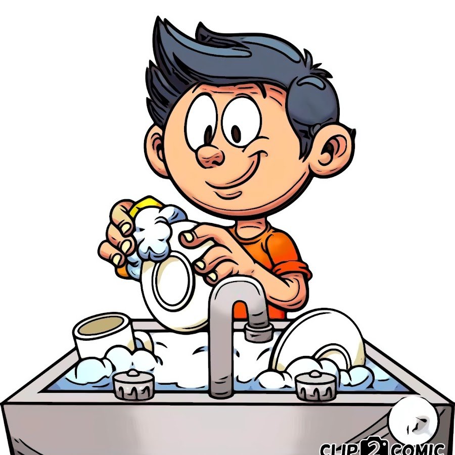 Мальчик моет посуду