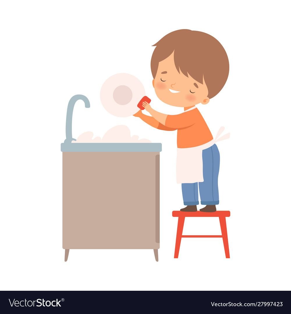 Иллюстрация мальчик моет посуду