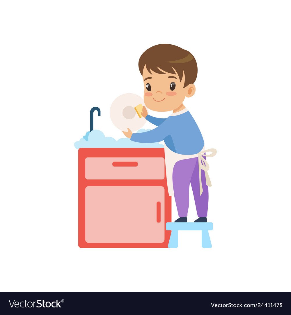 Дети моют посуду вектор