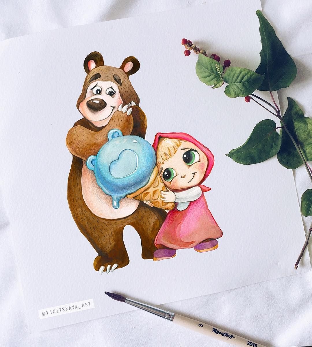 Маша и медведь акварель