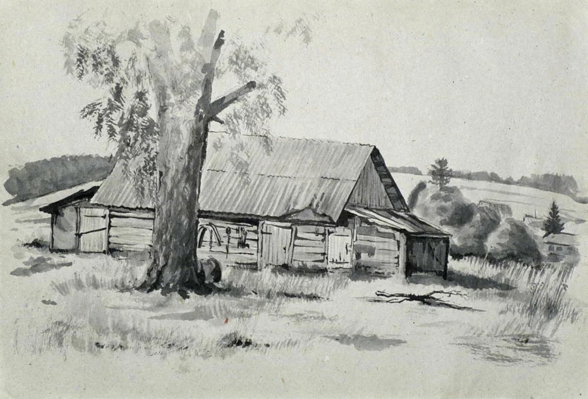 Сельский пейзаж в графике