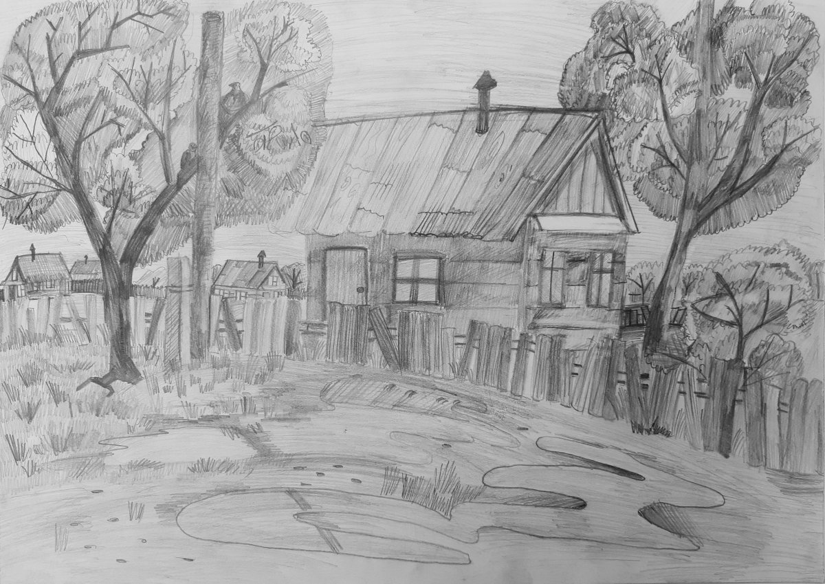 Сельский пейзаж карандашом