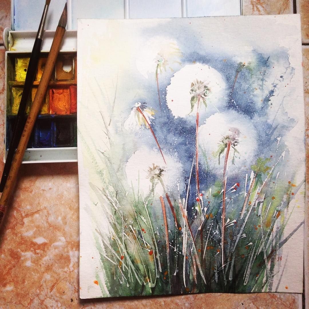 Одуванчики акварелью и солью