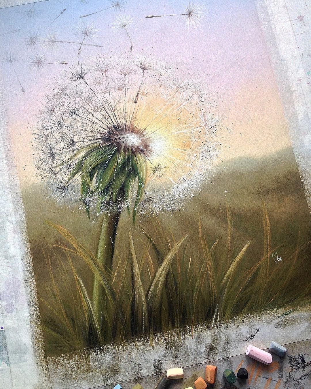 Одуванчик рисунок пастелью