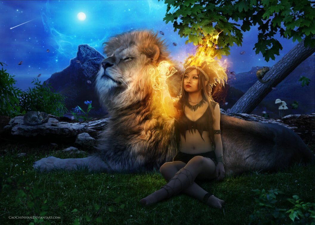 Обои Лев и девушка