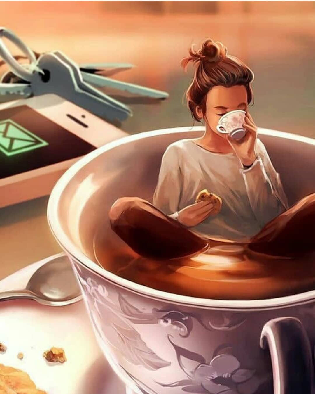 Пьет кофе арт