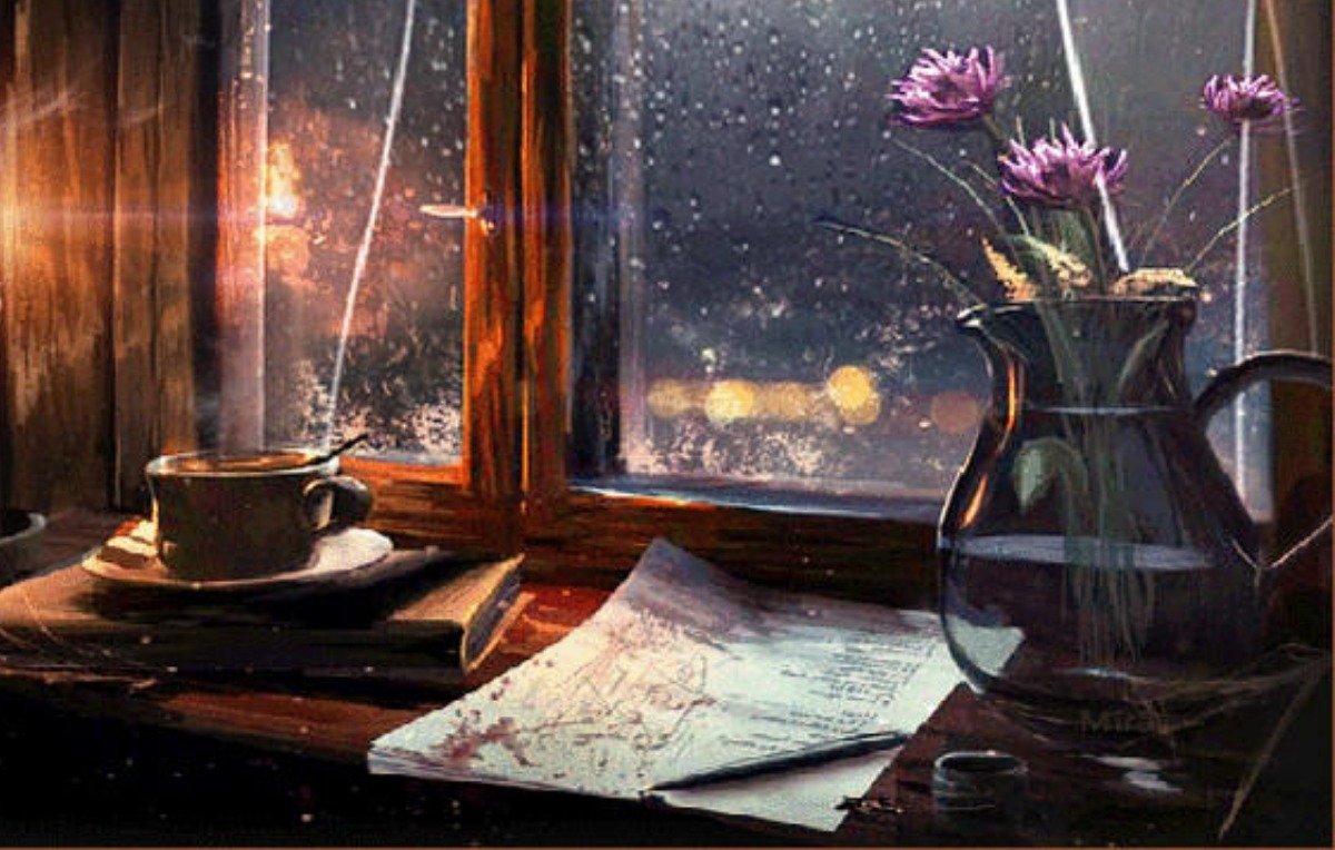 Кот окно дождь