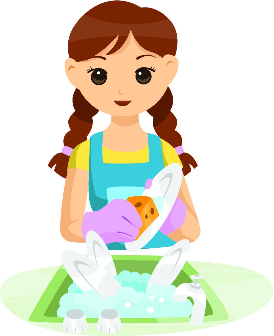 Девочка моет посуду мультяшная