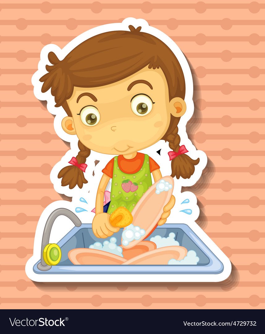 Девочка моет посуду