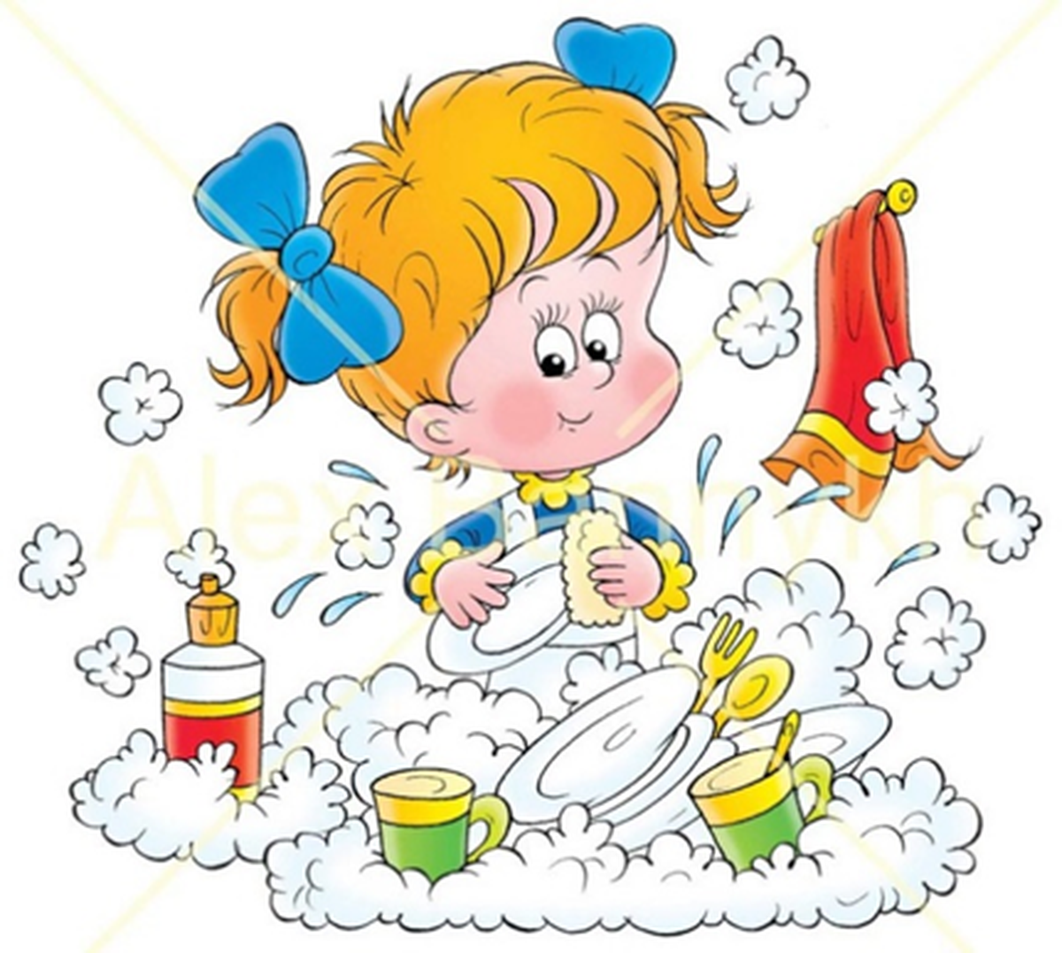 Девочка моет посуду иллюстрация