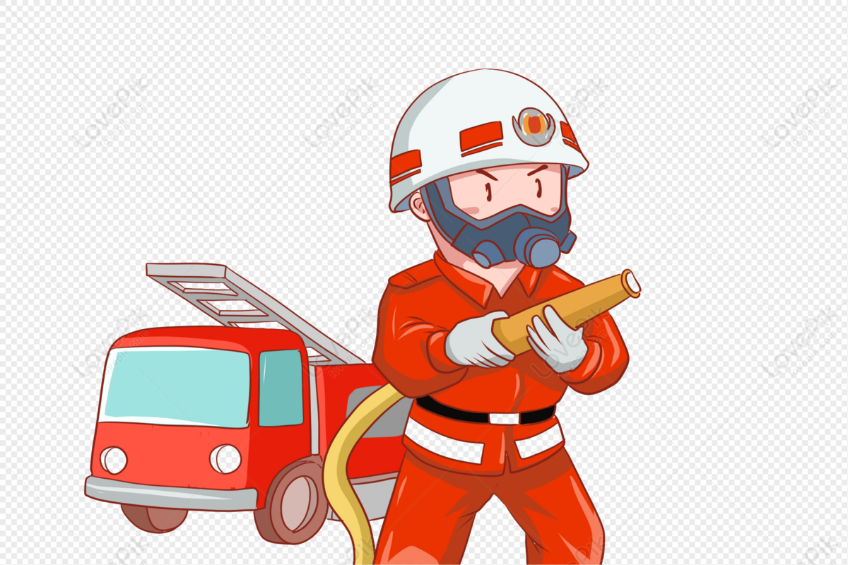 Пожарник тушит пожар на прозрачном фоне