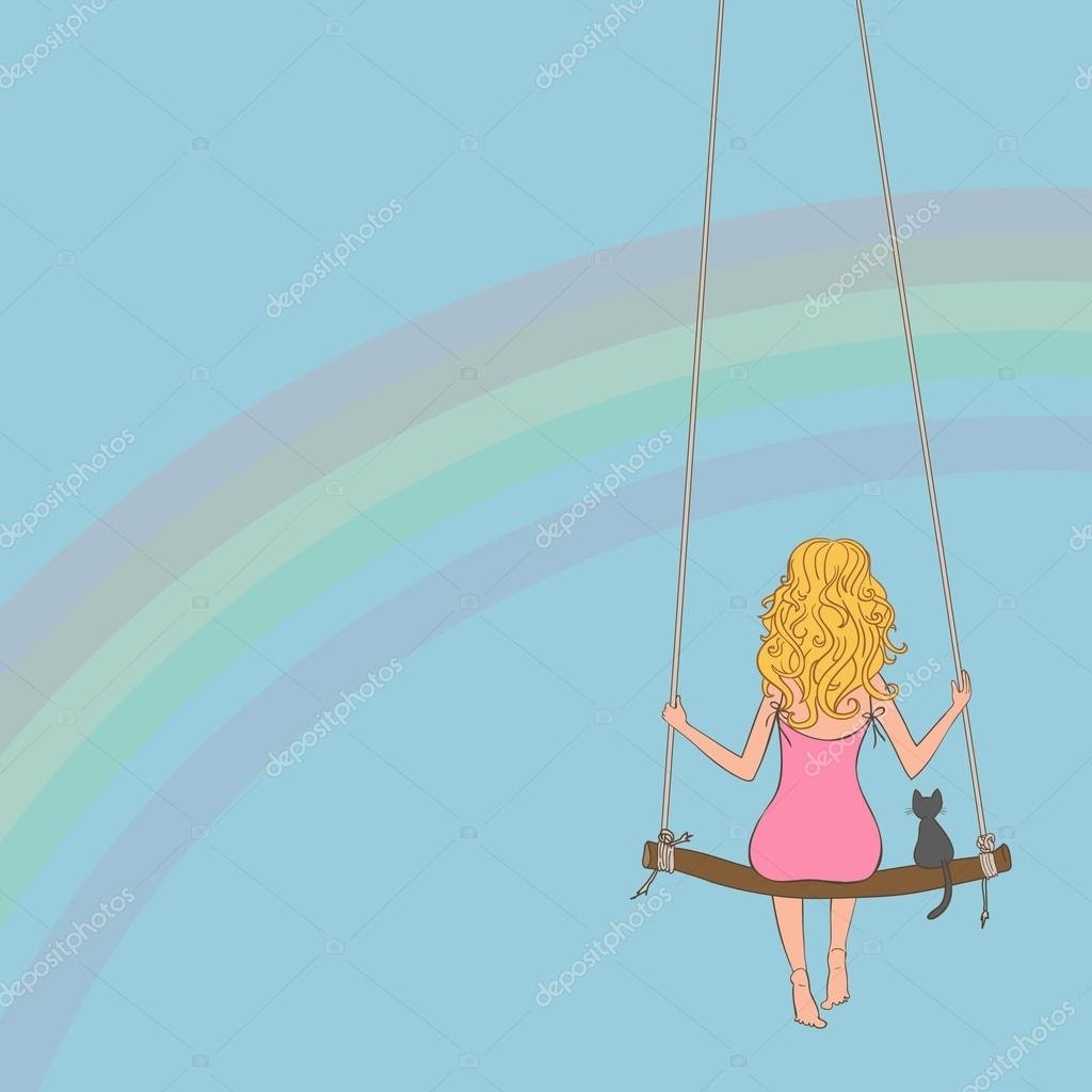 Иллюстрация девушка со спины на качелях
