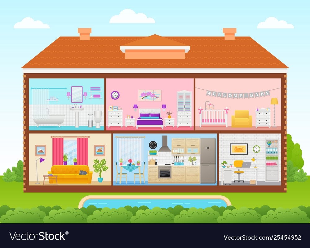 Домик с комнатами в разрезе