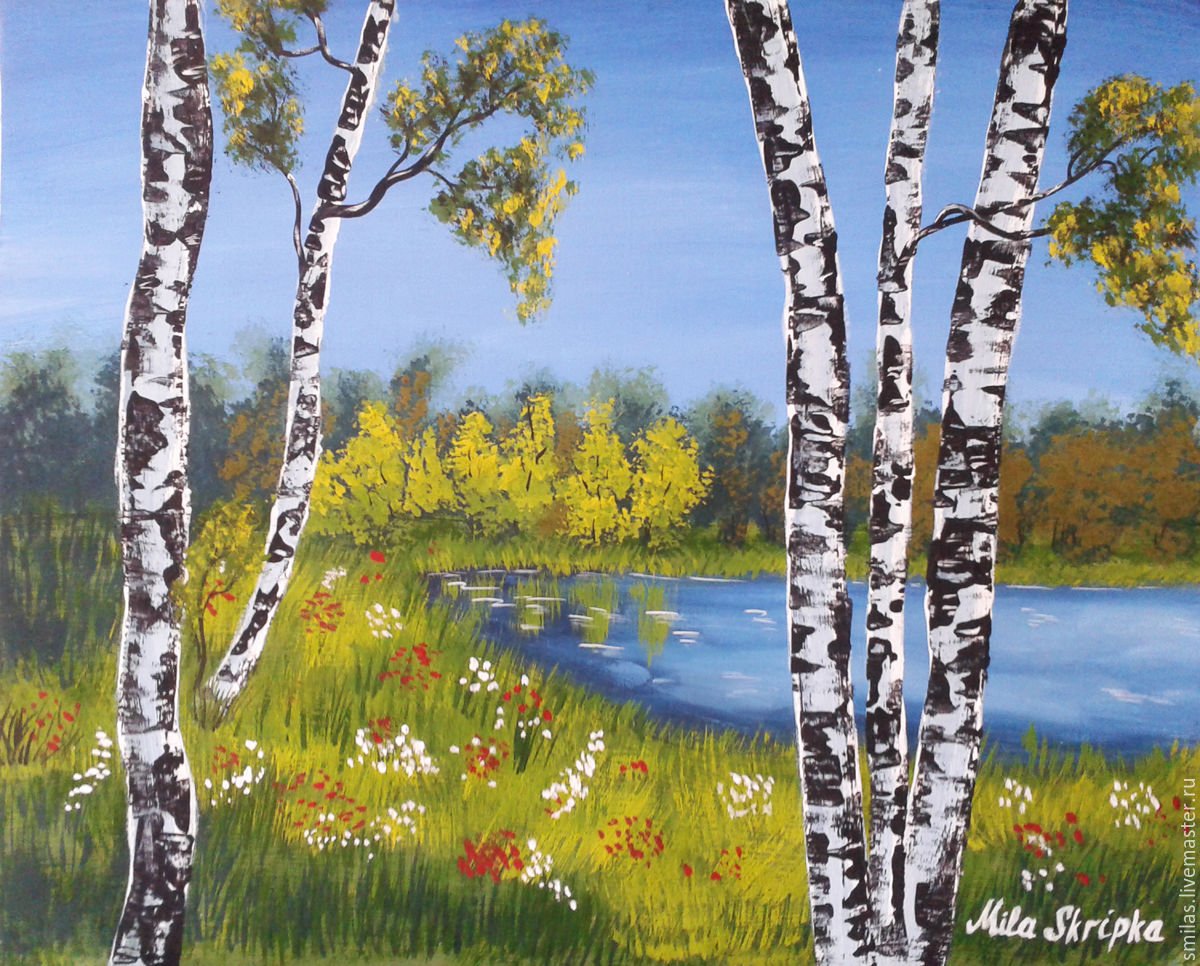 Пейзаж с березами гуашью