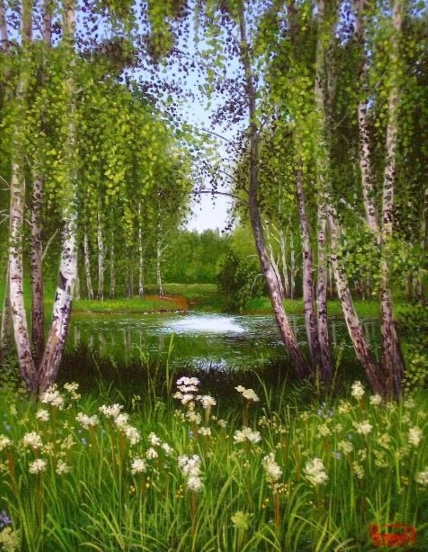 Пейзаж берёзы и цветы