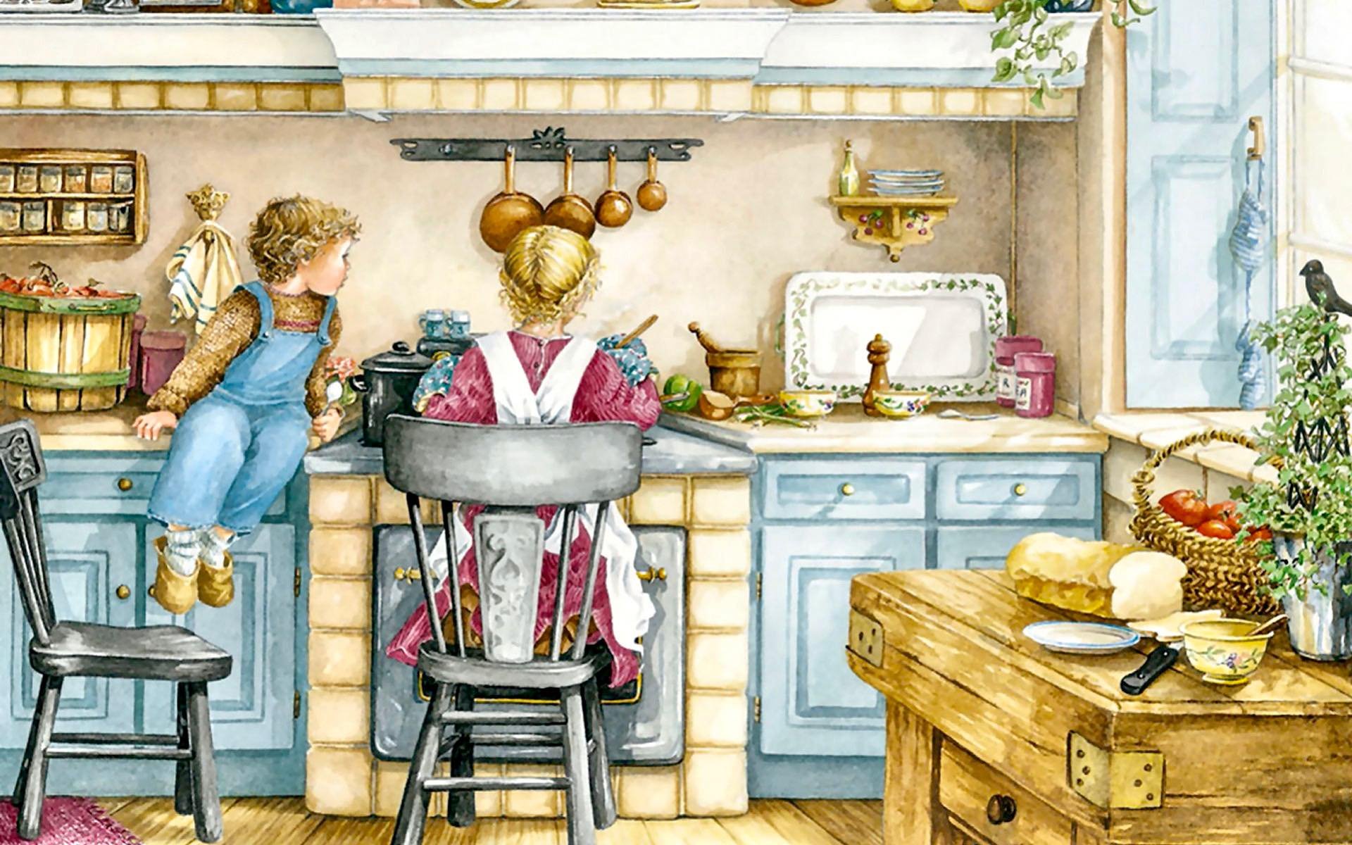 Мама на кухне на английском. Кухня иллюстрация. Уютные иллюстрации. Картины на кухню. Сказочная кухня.