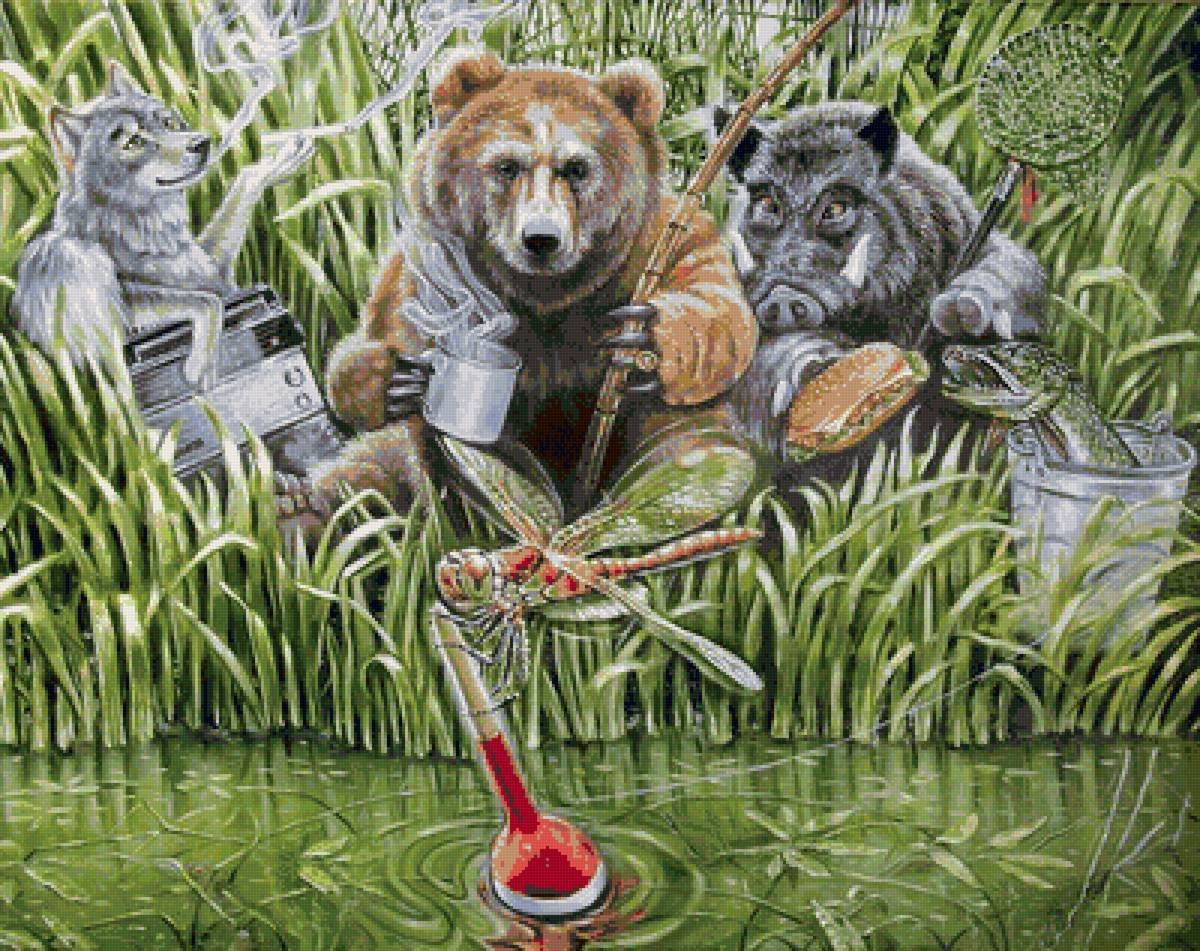 Медведь на рыбалке рисунок