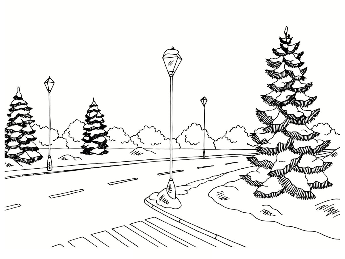 Зимний пейзаж раскраска для детей