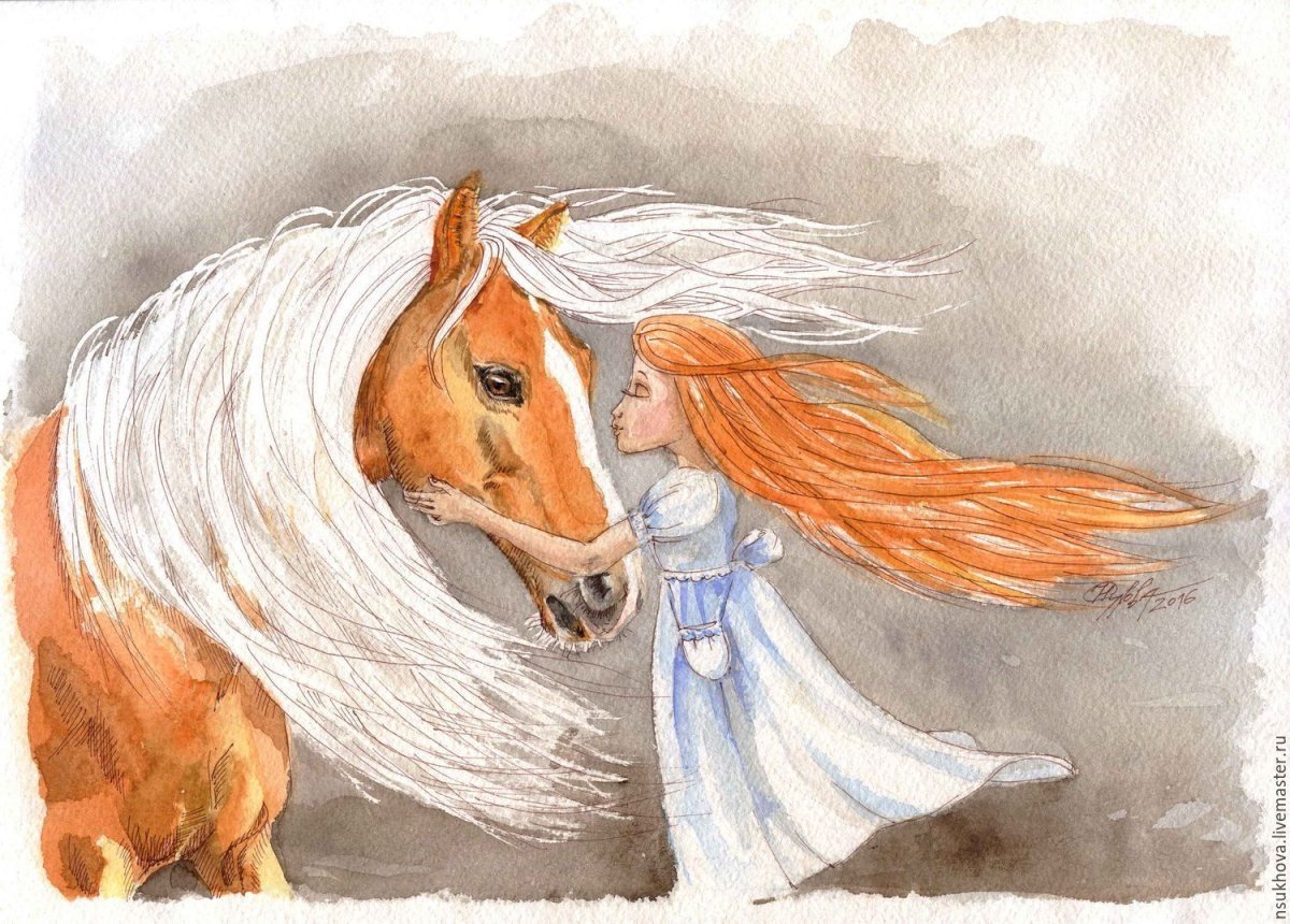 Лошадь акварель на белом фоне