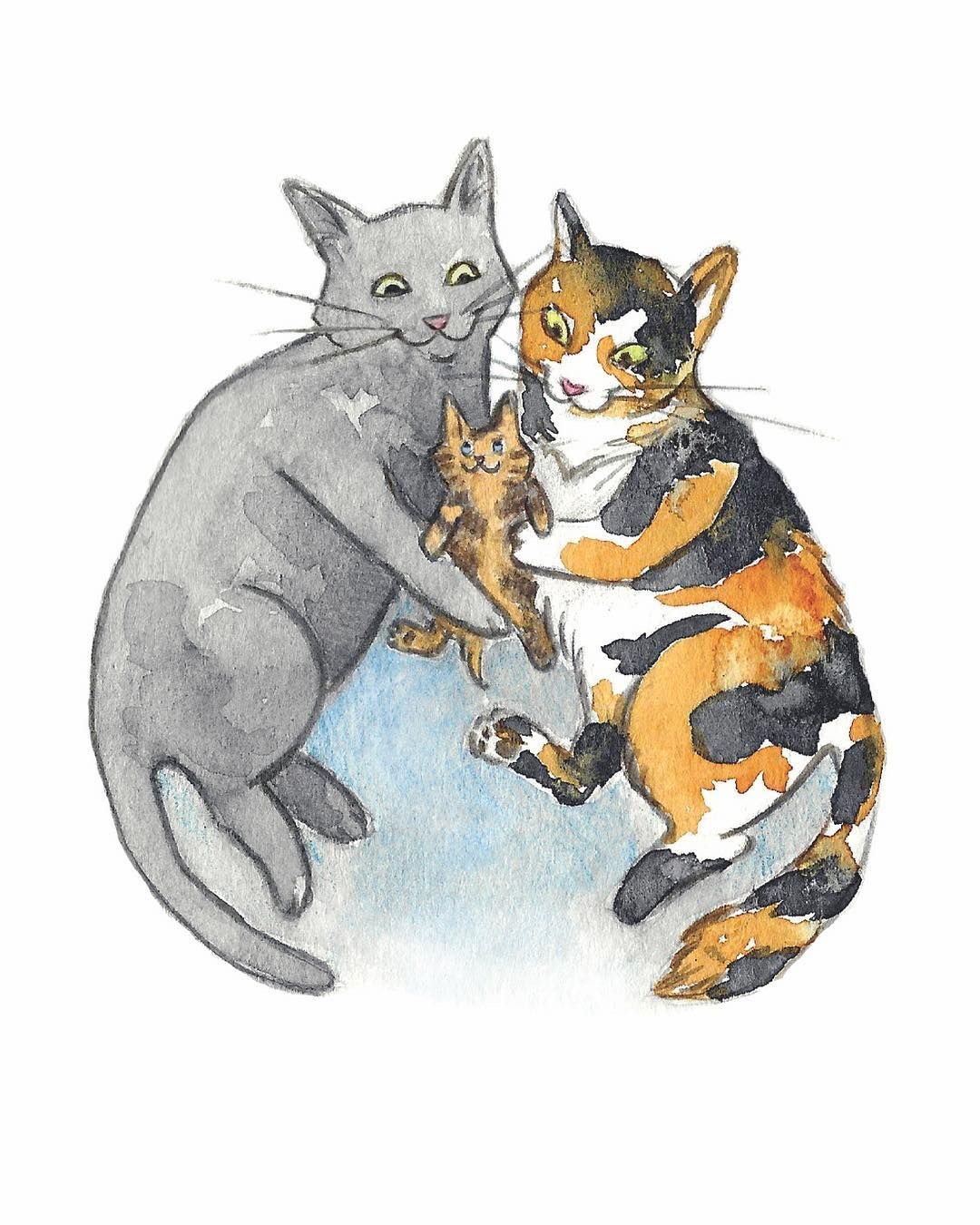 Семья кошек акварель