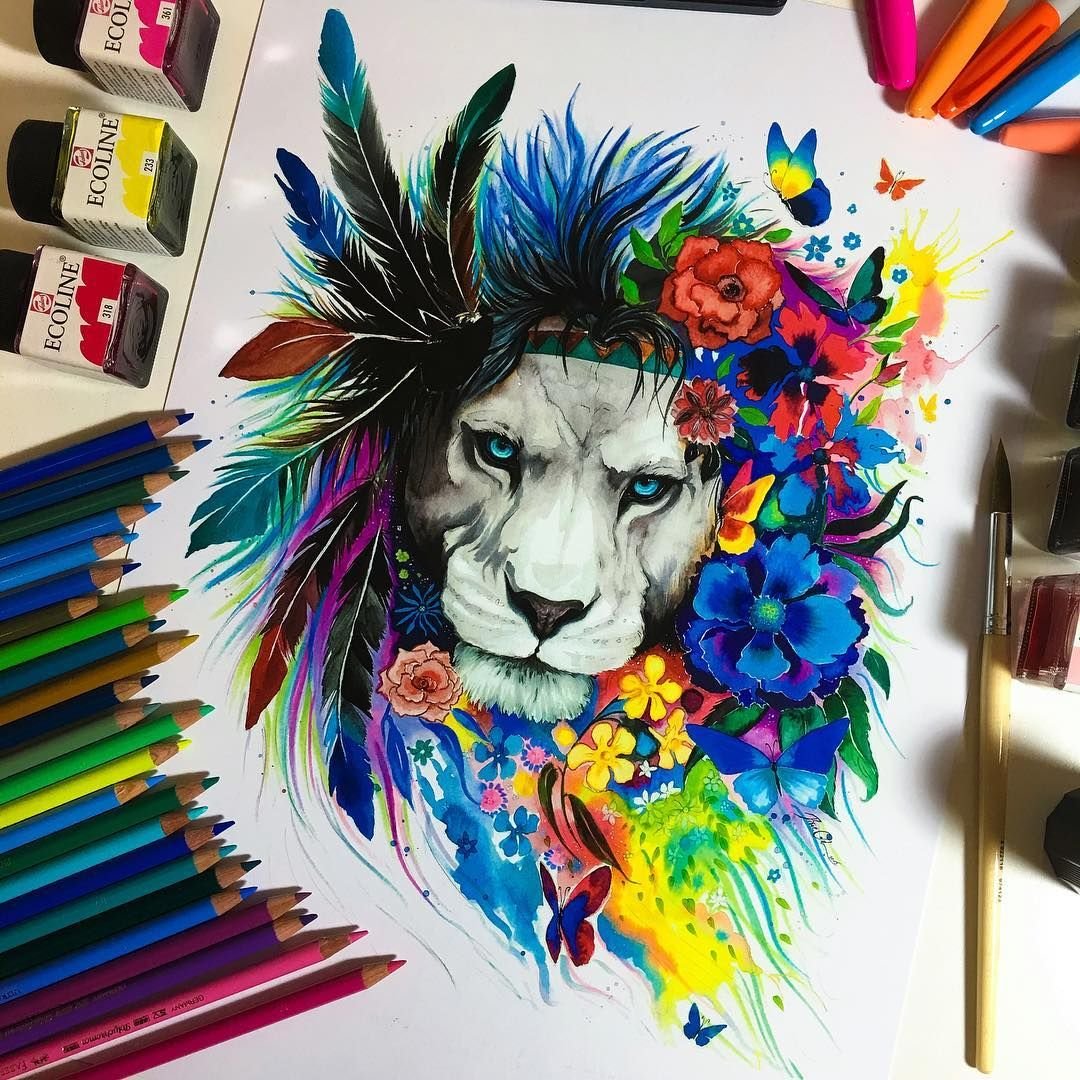 Тату Лев грива из перьев