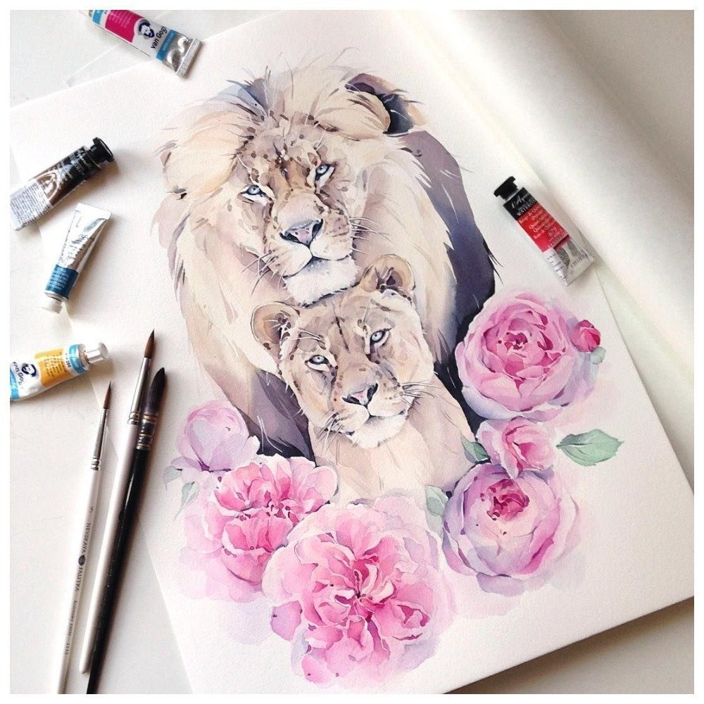 Наталья Каданцева акварель львы