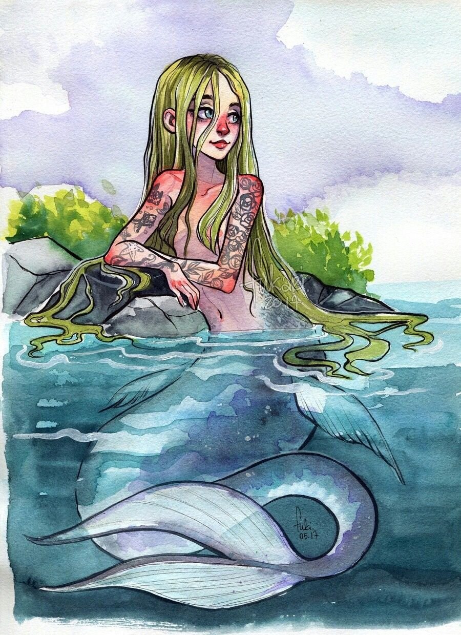 Русалка цветными карандашами
