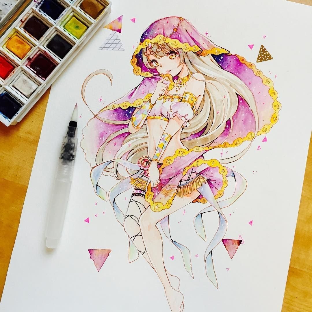 Аниме акварельными карандашами
