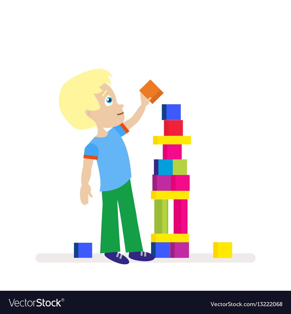 Мальчик строит башню из кубиков