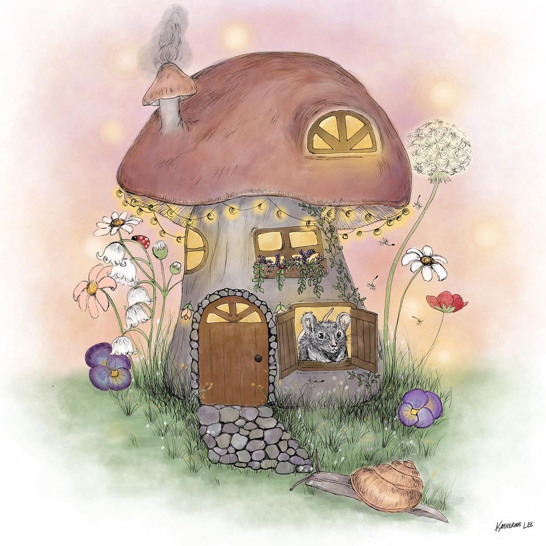 Гриб домик акварель