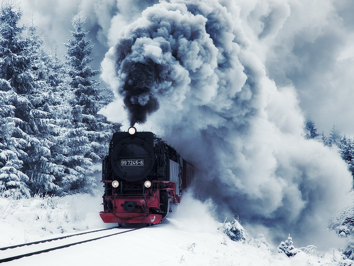 Паровоз в зимнем лесу