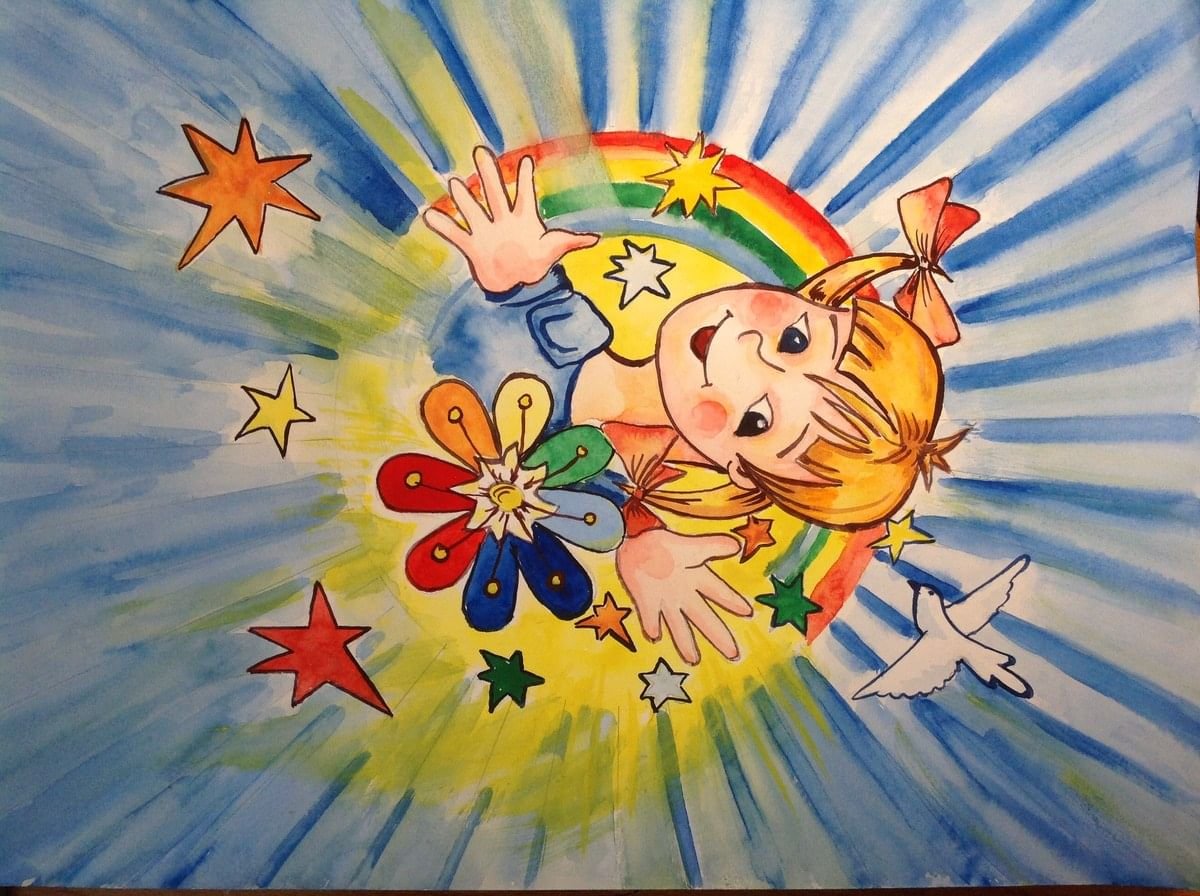 Солнце цветными карандашами