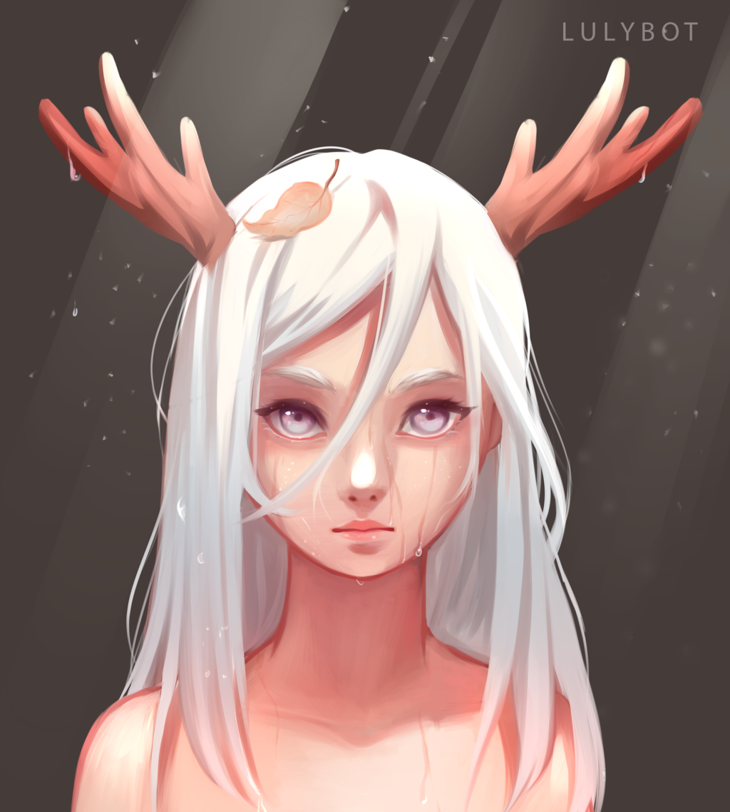 Девушка с белыми волосами и рогами