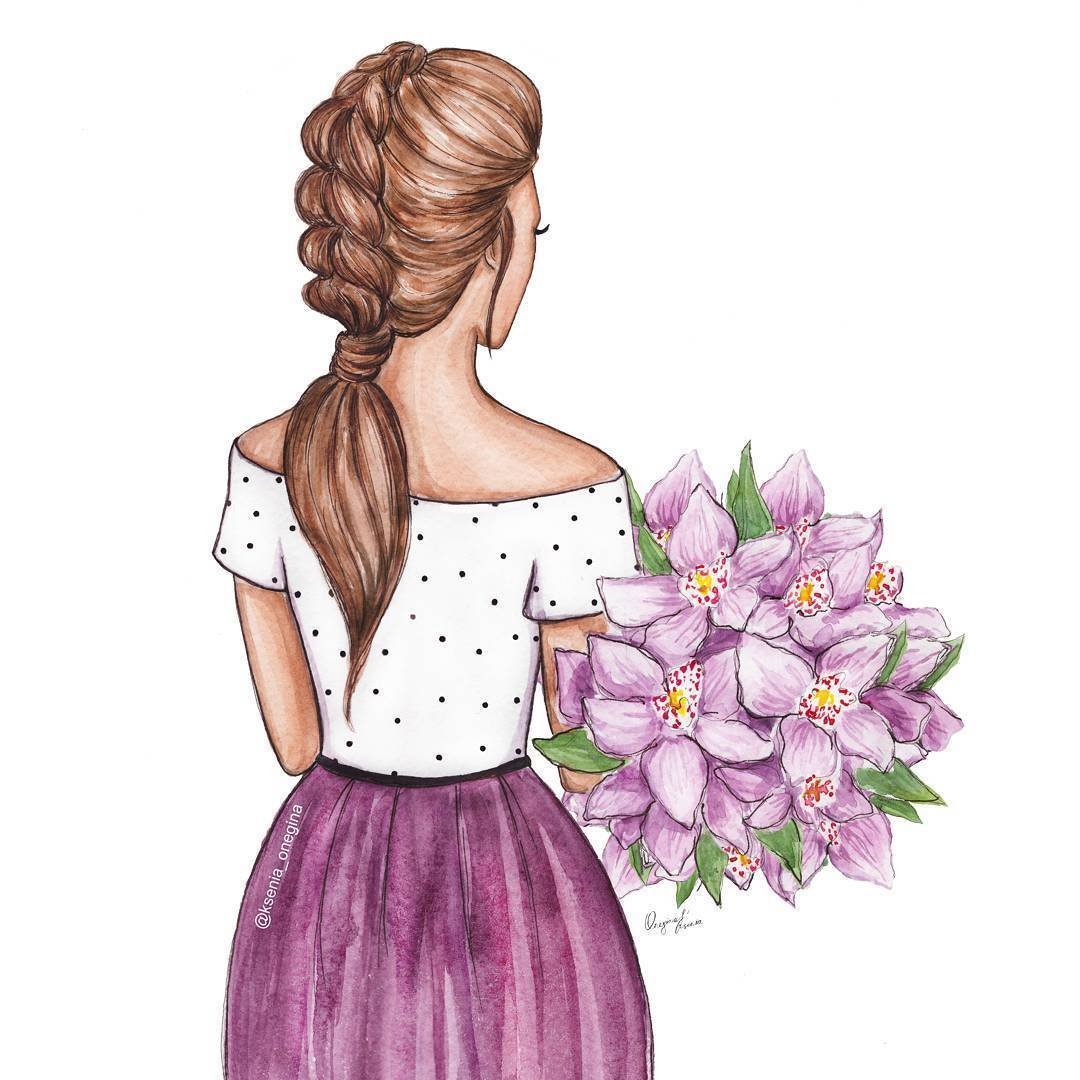 Нарисованная девушка с букетом