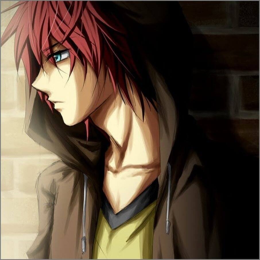 Красноволосый парень аниме арт в капюшоне