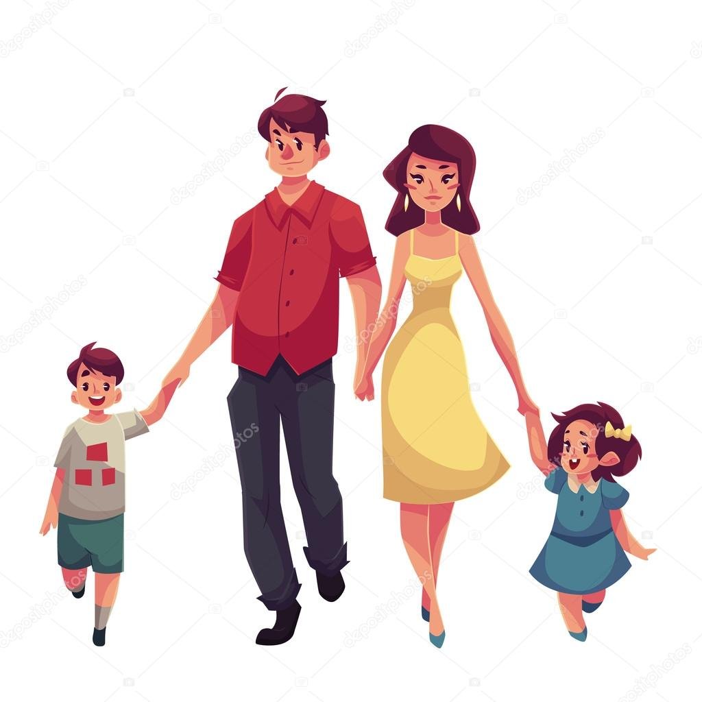 Мама с сыном и с дочкой мультяшный