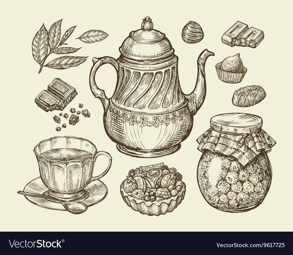 Чашки и чайник скетч