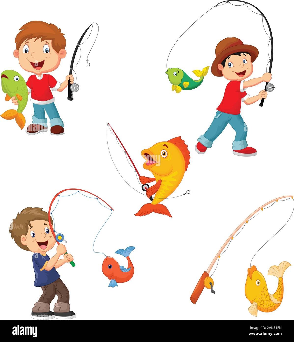 Мальчик рыбачит вектор
