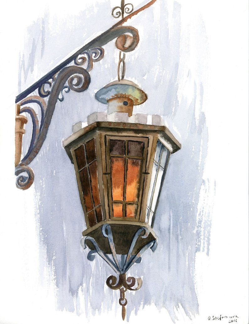 Уличный фонарь акварелью