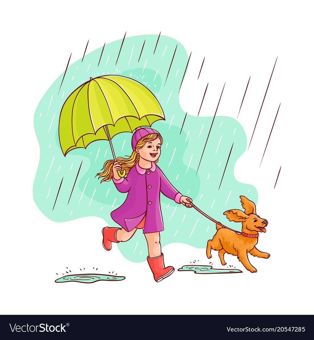 Девочка гуляет с собакой под дождем