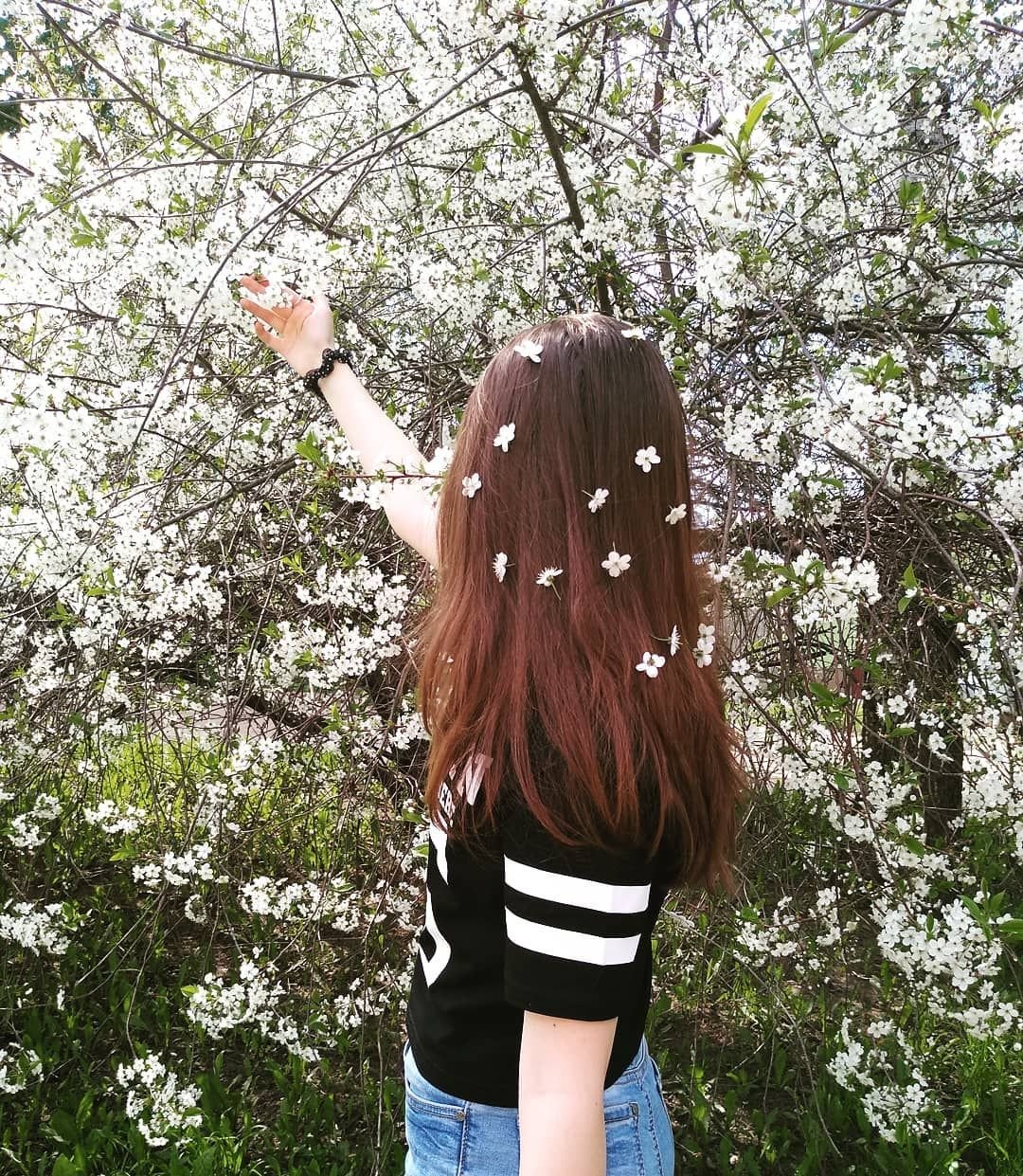 Девушка спиной с черёмухой