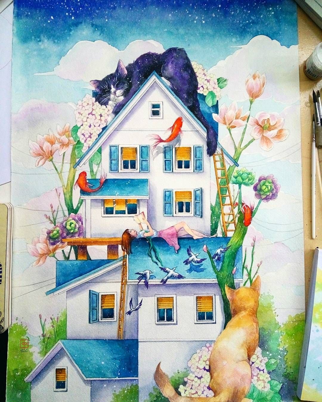 Скетч домик акварель