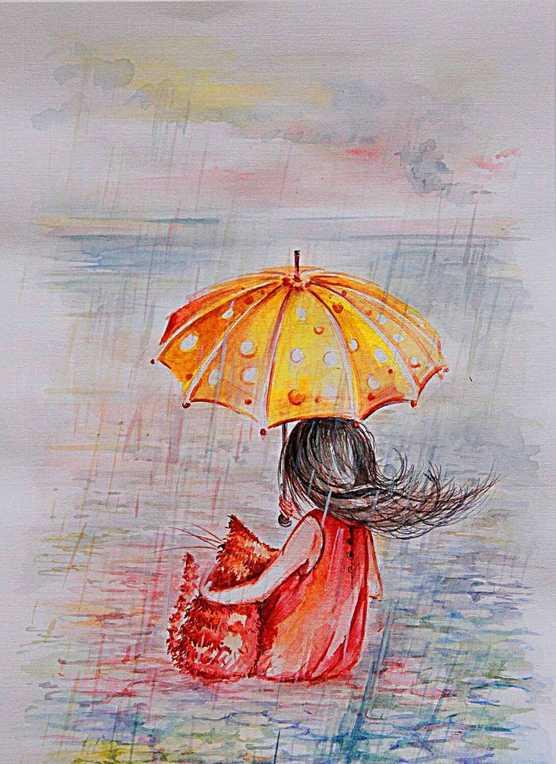 Девушка с зонтом акварель