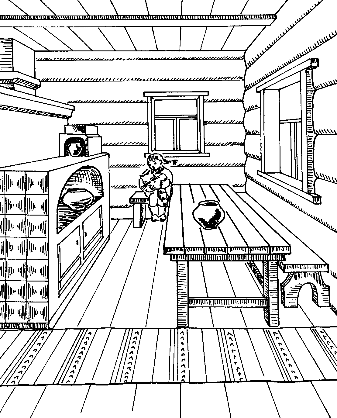 Интерьер русской избы в перспективе