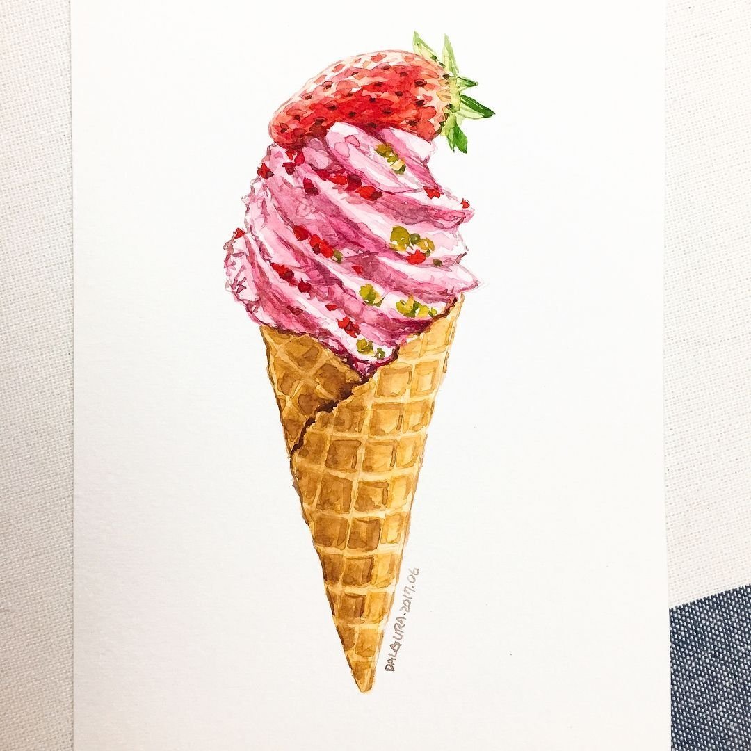 Мороженое в рожке акварелью