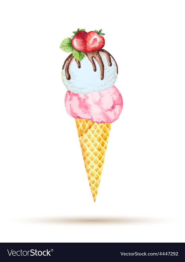 Мороженое в рожке акварелью